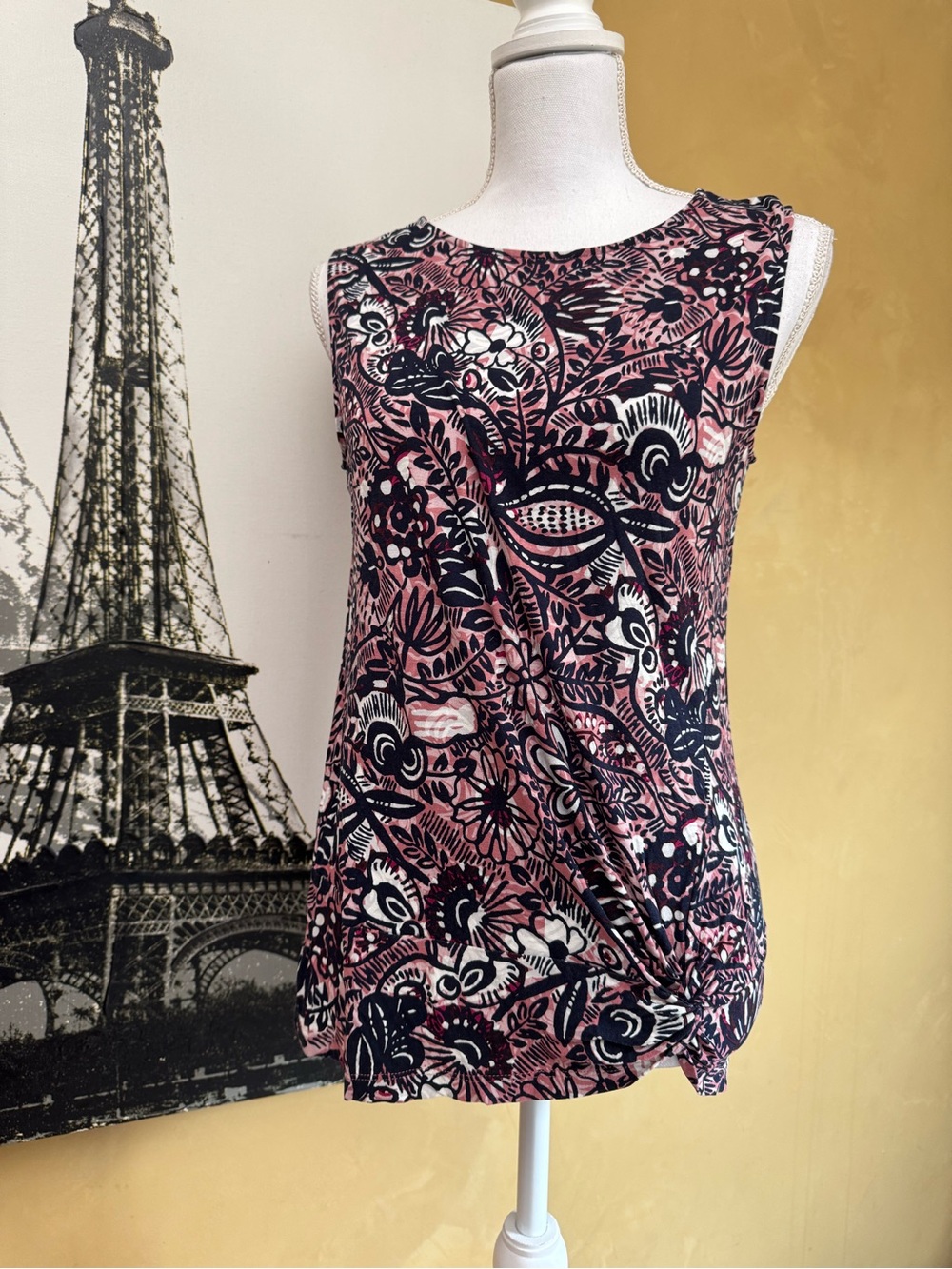 LOFT Pink & Black Floral Twist-Hem Tank Top